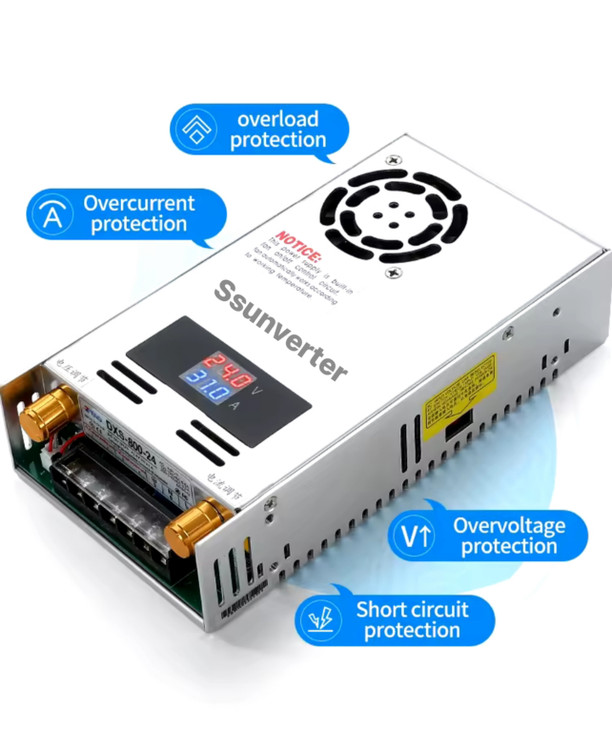 DC to DC converter 110 V to 24 V, 31 amps, 800 W power, current and voltage display, voltage and current adjustment volume, temperature -10 to 60 degrees, smart cooling fan