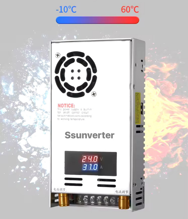 DC to DC converter 110 V to 24 V, 31 amps, 800 W power, current and voltage display, voltage and current adjustment volume, temperature -10 to 60 degrees, smart cooling fan
